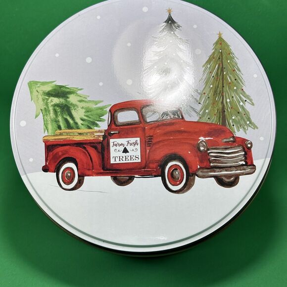 Tin Cookie Box Round 6.5" X‎ 3" Christmas Farm Fresh Pine Trees Snow Container - Picture 4 of 9